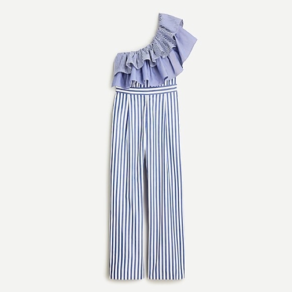 J. Crew Blue Striped Ruffle One-Shoulder Jumpsuit - Picture 4 of 4